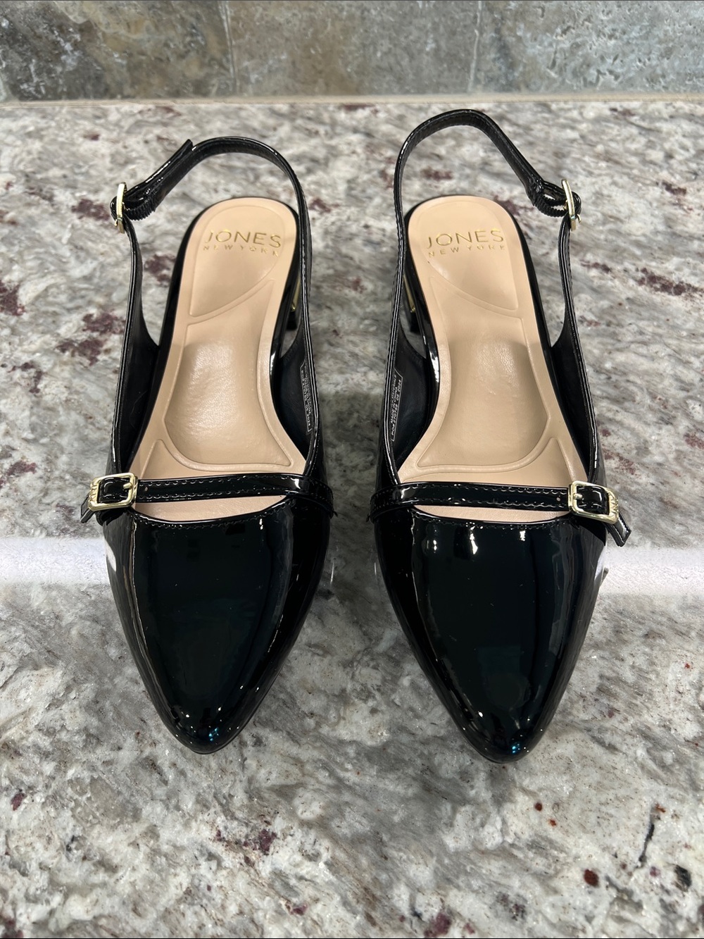 Jones New York Black Patent Slingback Pointed Toe Mules